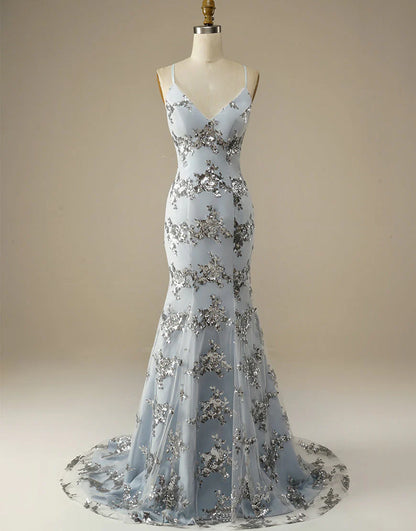 Vestido de noche gris con escote en V, tirantes finos, sirena, lentejuelas, espalda descubierta y sin mangas 