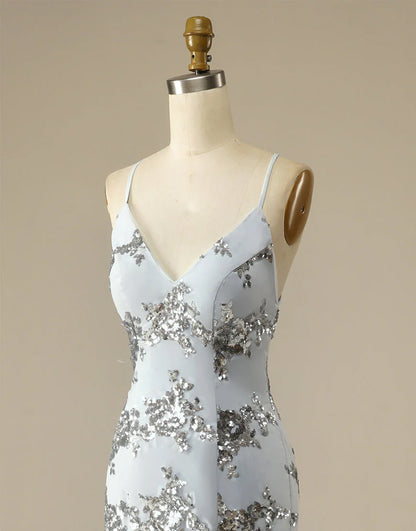 Vestido de noche gris con escote en V, tirantes finos, sirena, lentejuelas, espalda descubierta y sin mangas 