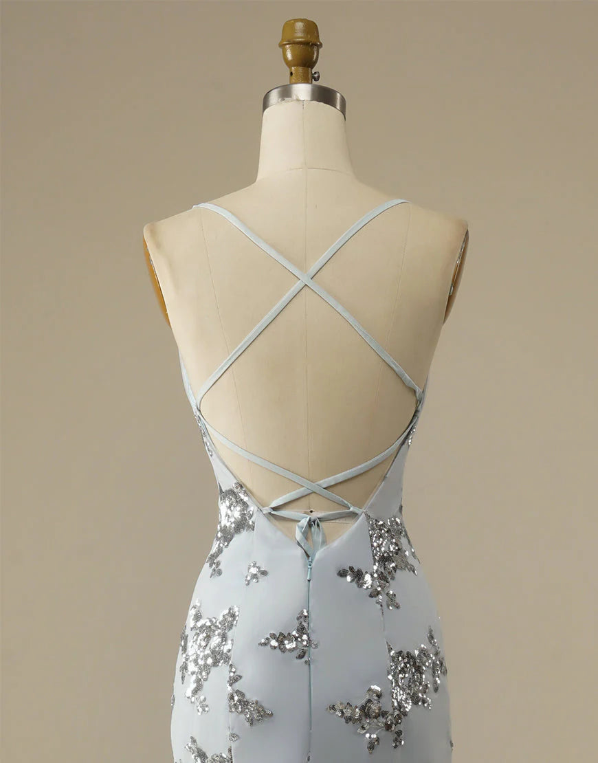 Vestido de noche gris con escote en V, tirantes finos, sirena, lentejuelas, espalda descubierta y sin mangas 