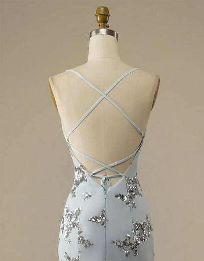 Vestido de noche gris con escote en V, tirantes finos, sirena, lentejuelas, espalda descubierta y sin mangas 