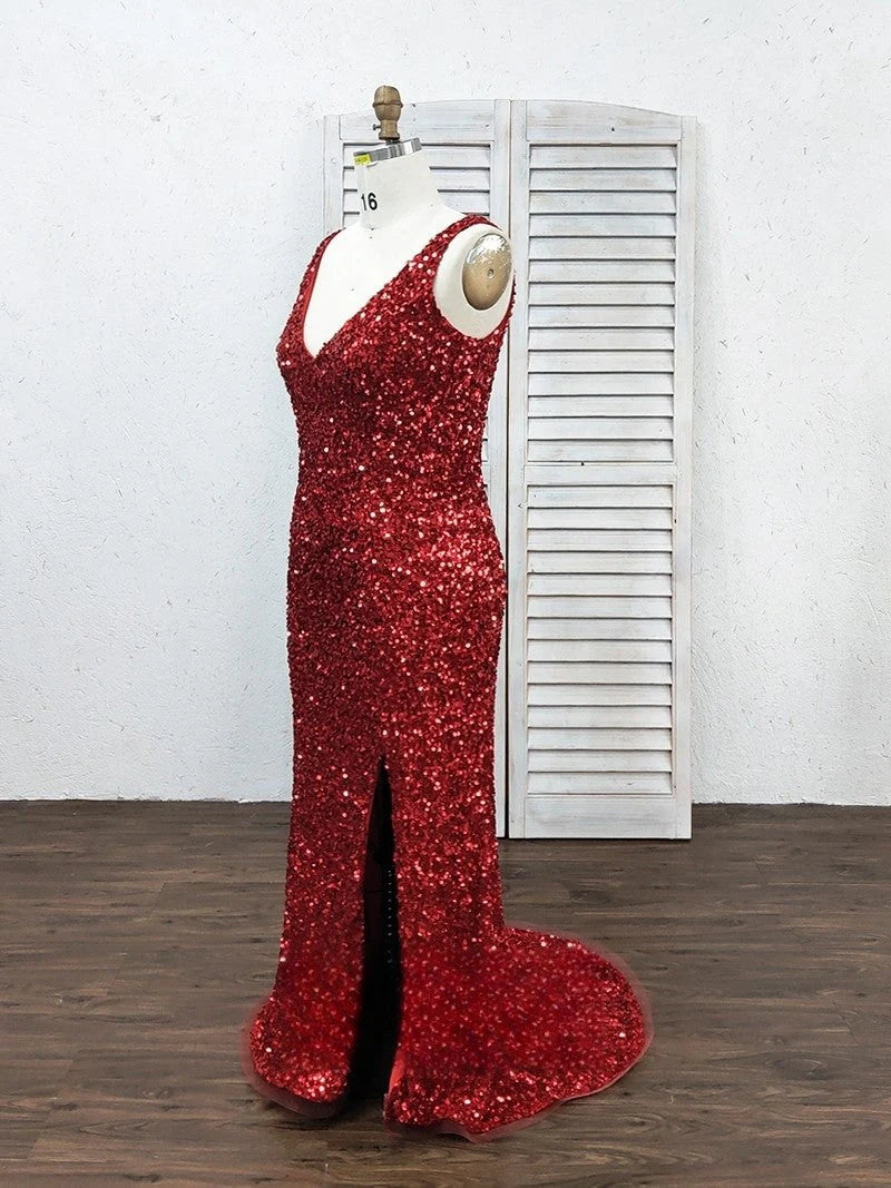Vestido de fiesta largo estilo sirena con escote en V, lentejuelas y aberturas laterales 