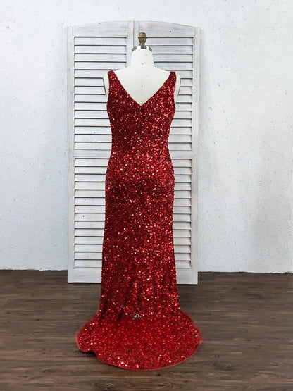 Vestido de fiesta largo estilo sirena con escote en V, lentejuelas y aberturas laterales 