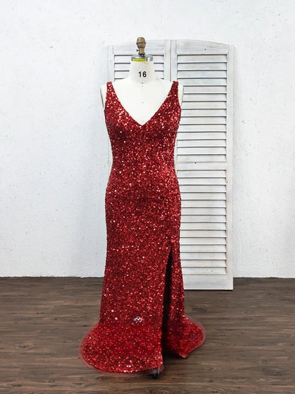 Vestido de fiesta largo estilo sirena con escote en V, lentejuelas y aberturas laterales 