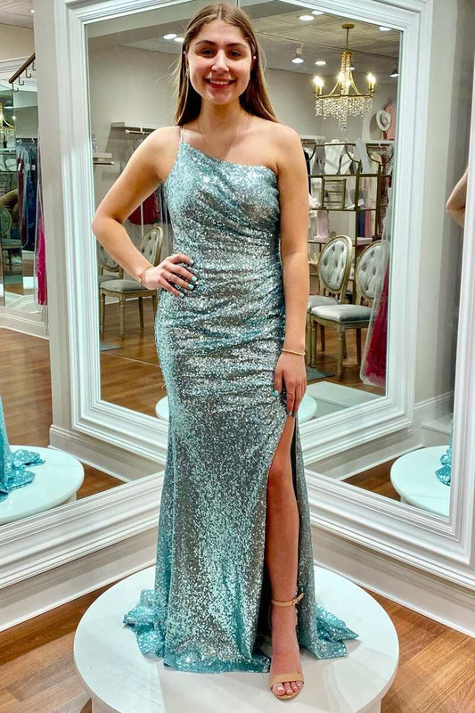 Vestidos de fiesta con lentejuelas, corte tubo/columna, abertura frontal, largo hasta el suelo, un hombro 
