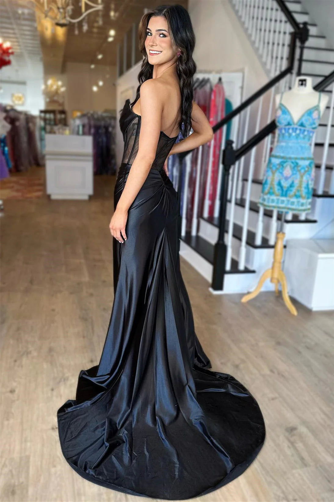 Sheath Satin Strapless Pleated Boning Sheer Long Prom Dress with Slit