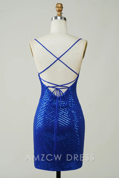 Amzcw Elegant Sheath Fully Sequins V-Neck Spaghetti Straps Homecoming Dress formal wear dresses