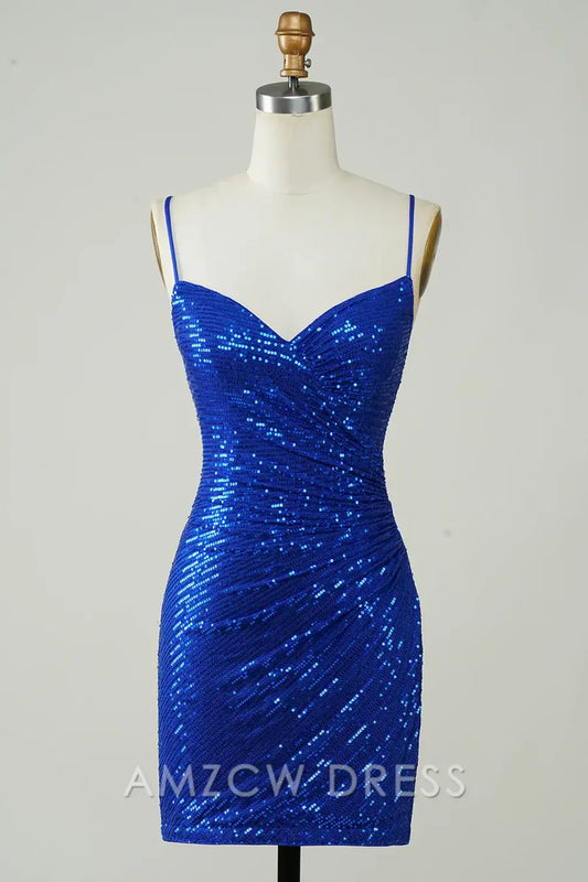Amzcw Elegant Sheath Fully Sequins V-Neck Spaghetti Straps Homecoming Dress formal wear dresses