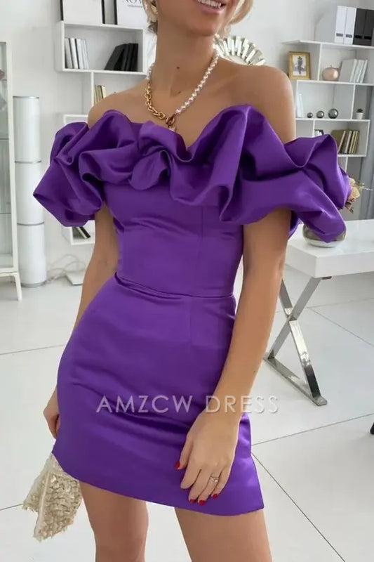Amzcw Elegant Sheath Off-the-Shoulder Sleeveless Satin Short Homecoming Dress With Ruffles formal wear dresses