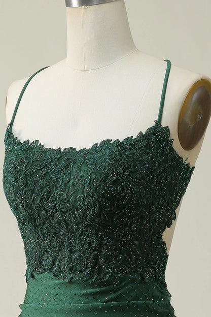 Amzcw Dark Green Sheath Spaghetti Straps Homecoming Dress with Appliques