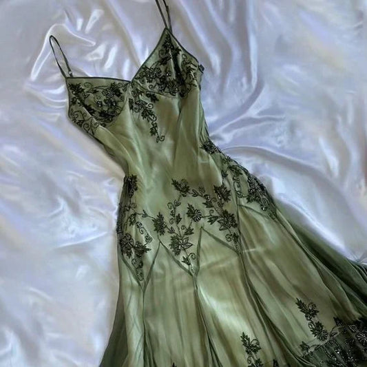 Sheer Floral-Embroidered Spaghetti Strap V-Neck Flowy Midi Prom Dress