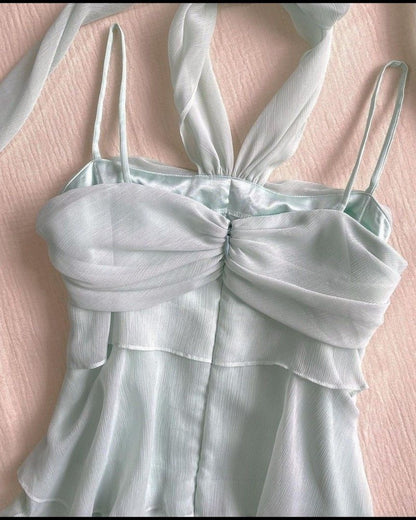 Sheer Halter-Neck Ruched Tiered Ruffled Mini Prom Dress