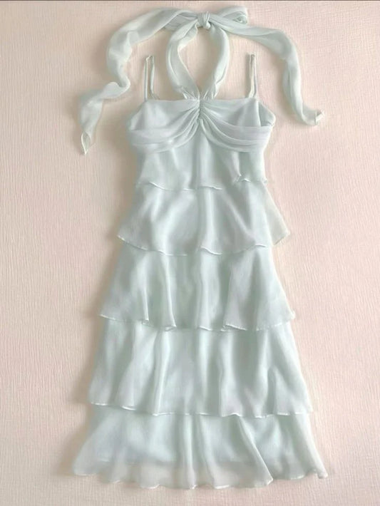 Sheer Halter-Neck Ruched Tiered Ruffled Mini Prom Dress