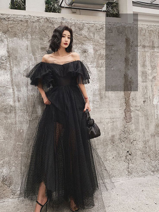 Sheer Polka-Dot Ruffled Off-Shoulder Tiered Floor-Length Prom Dress
