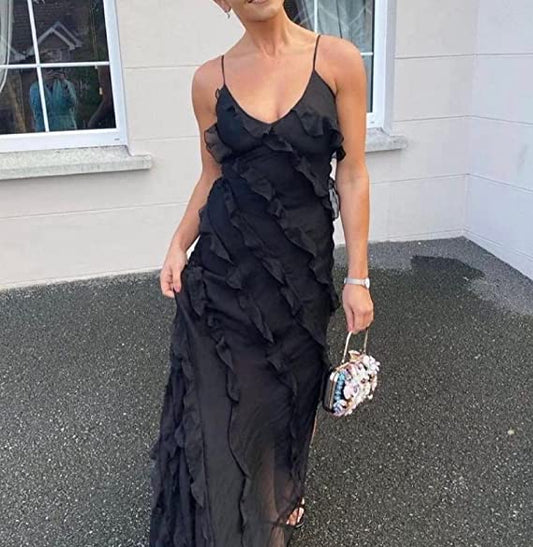 Sheer Ruffled Deep-V Spaghetti-Strap Open-Back High-Slit Prom Dress