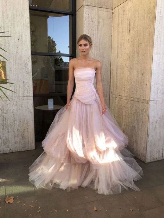 Sheer Strapless Ruched Tiered Tulle Ballgown Prom Dress