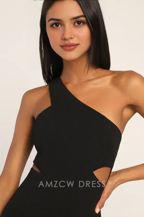 Vestido largo negro elegante y llamativo de Amzcw con un solo hombro y abertura. Vestidos formales. 