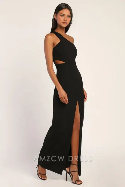 Vestido largo negro elegante y llamativo de Amzcw con un solo hombro y abertura. Vestidos formales. 