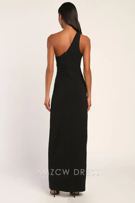 Vestido largo negro elegante y llamativo de Amzcw con un solo hombro y abertura. Vestidos formales. 