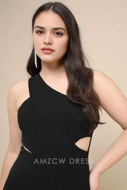 Vestido largo negro elegante y llamativo de Amzcw con un solo hombro y abertura. Vestidos formales. 