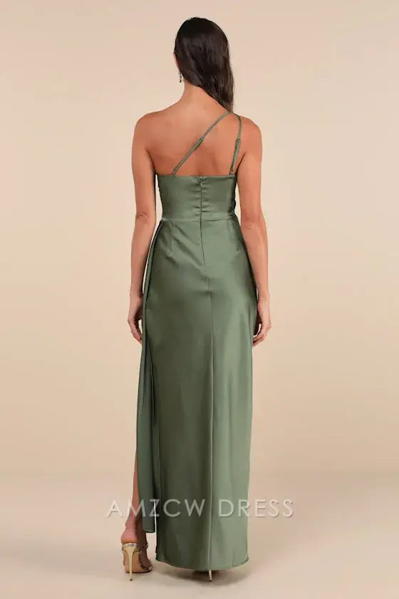 Vestido largo de satén verde oliva con un solo hombro, elegante y elegante, de Amzcw, para ocasiones formales. 