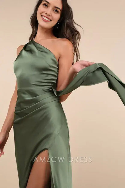Vestido largo de satén verde oliva con un solo hombro, elegante y elegante, de Amzcw, para ocasiones formales. 