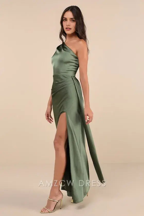 Vestido largo de satén verde oliva con un solo hombro, elegante y elegante, de Amzcw, para ocasiones formales. 