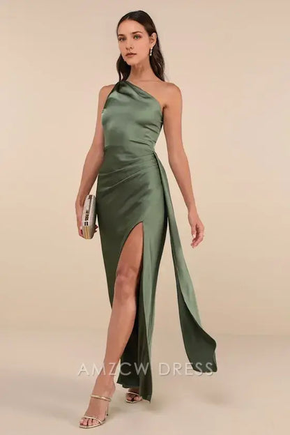 Vestido largo de satén verde oliva con un solo hombro, elegante y elegante, de Amzcw, para ocasiones formales. 
