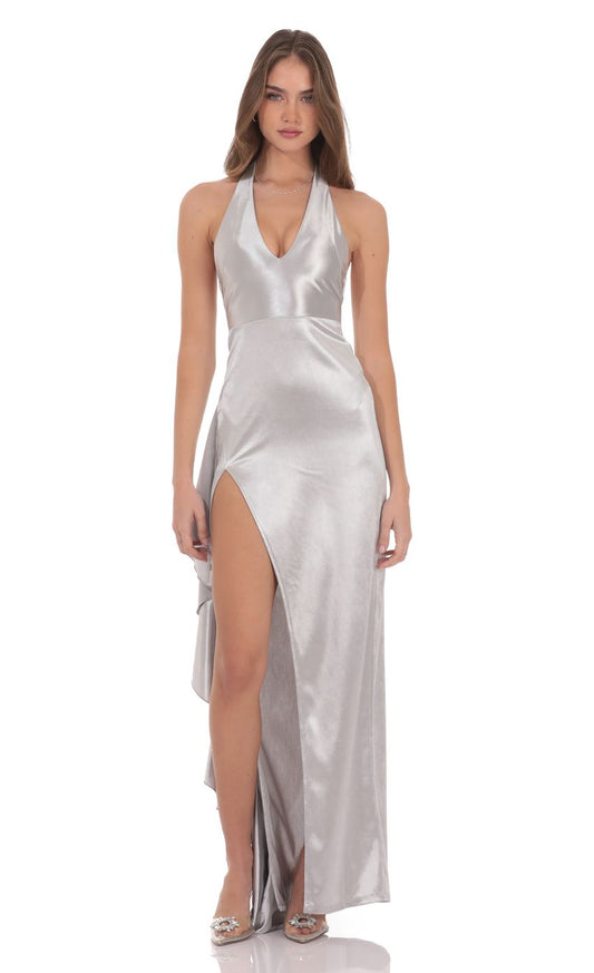 Silver Halter Neck Prom Dress With Slit And Bow Back Formal Prom Dress