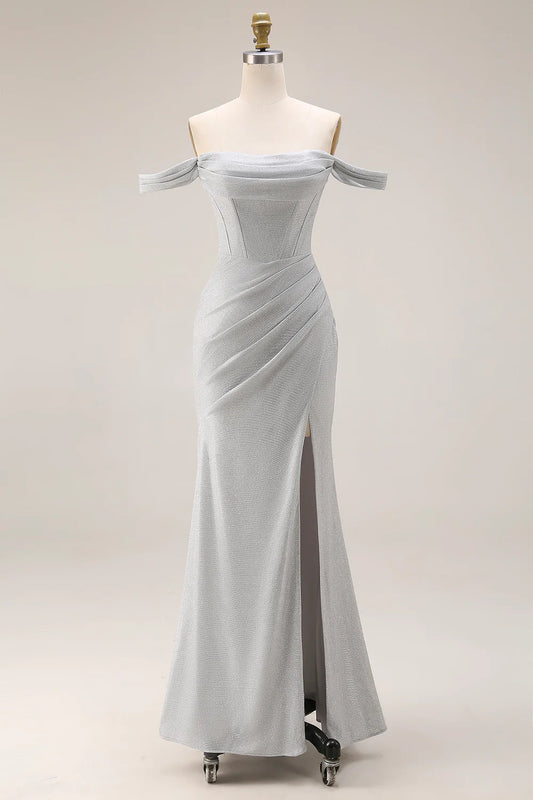 Silver Off-the-Shoulder Glitter Corset Ruched Mermaid Prom Dress with Slit and Train