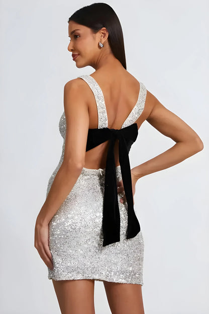 Silver Sequin Sleeveless Backless Black Velvet Bow Bodycon Mini Homecoming Dress