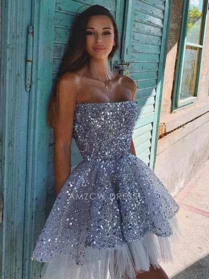 Silver Strapless Bandeau Neck All Over Sequin Embellished Waist Cinched Multi Tiered Ruffle Tulle Open Back A Line Mini Homecoming Dress