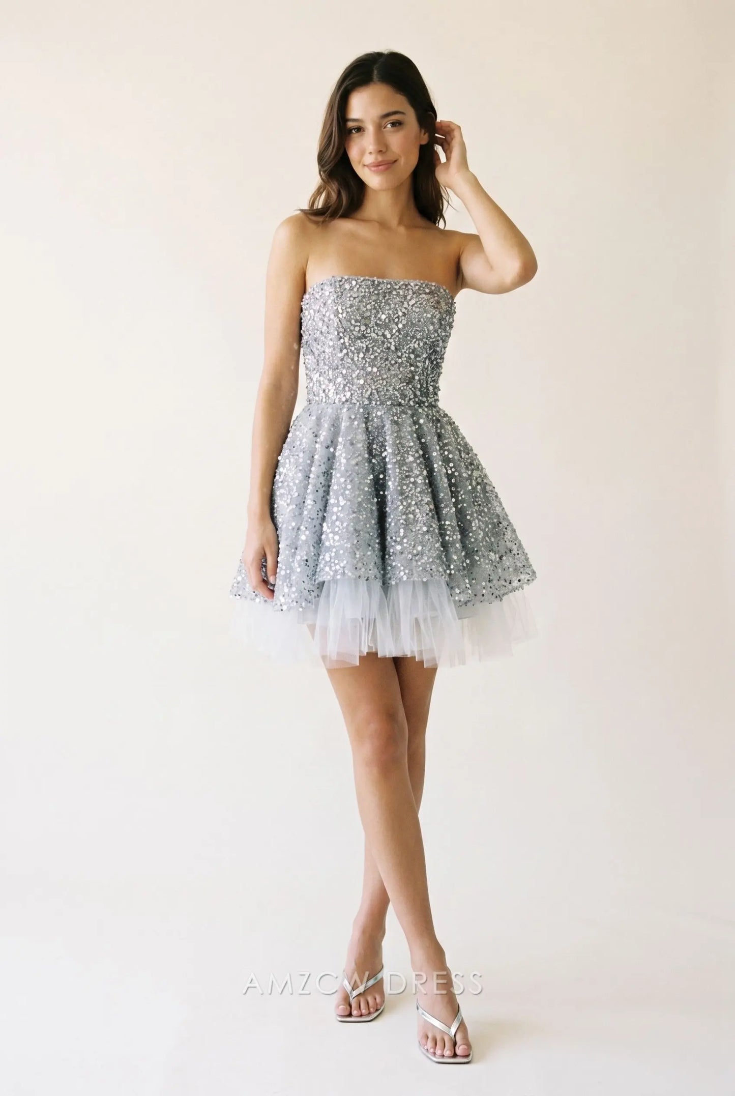 Silver Strapless Bandeau Neck All Over Sequin Embellished Waist Cinched Multi Tiered Ruffle Tulle Open Back A Line Mini Homecoming Dress