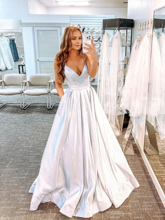 Amzcw Silver v neck satin long prom dress silver long evening dress formal wear dresses