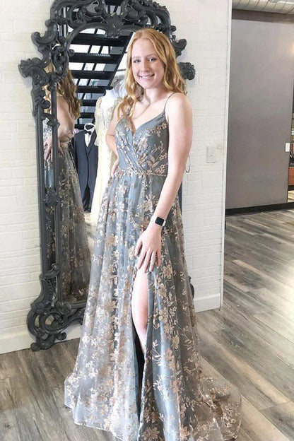 Simple A-Line Lace V-Neck Spaghetti Straps Backless Long Prom Dresses