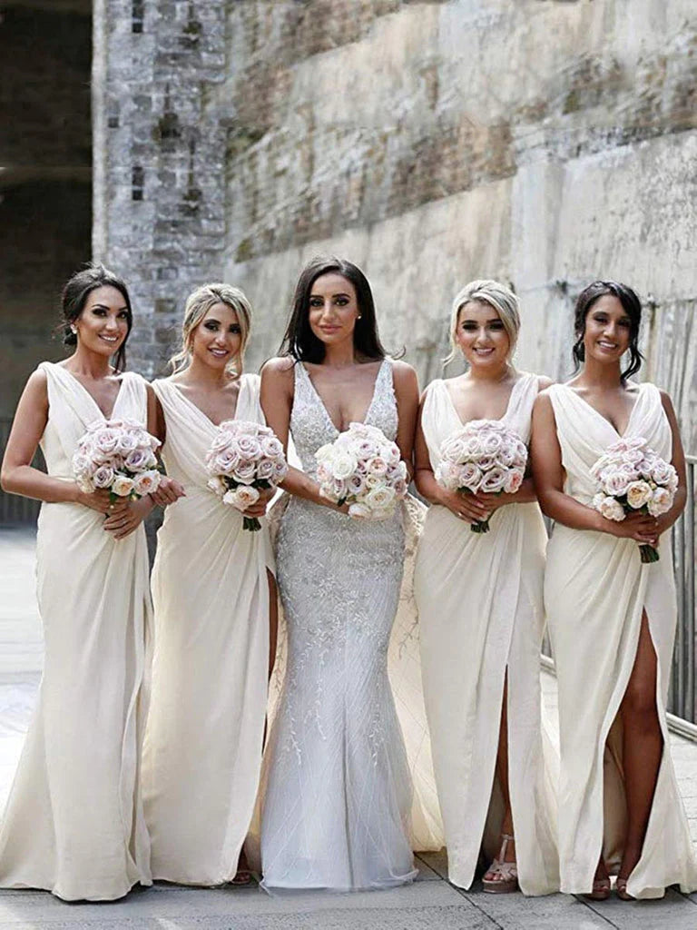 Vestidos de dama de honor largos, plisados, económicos, sin mangas y con escote en V y abertura 