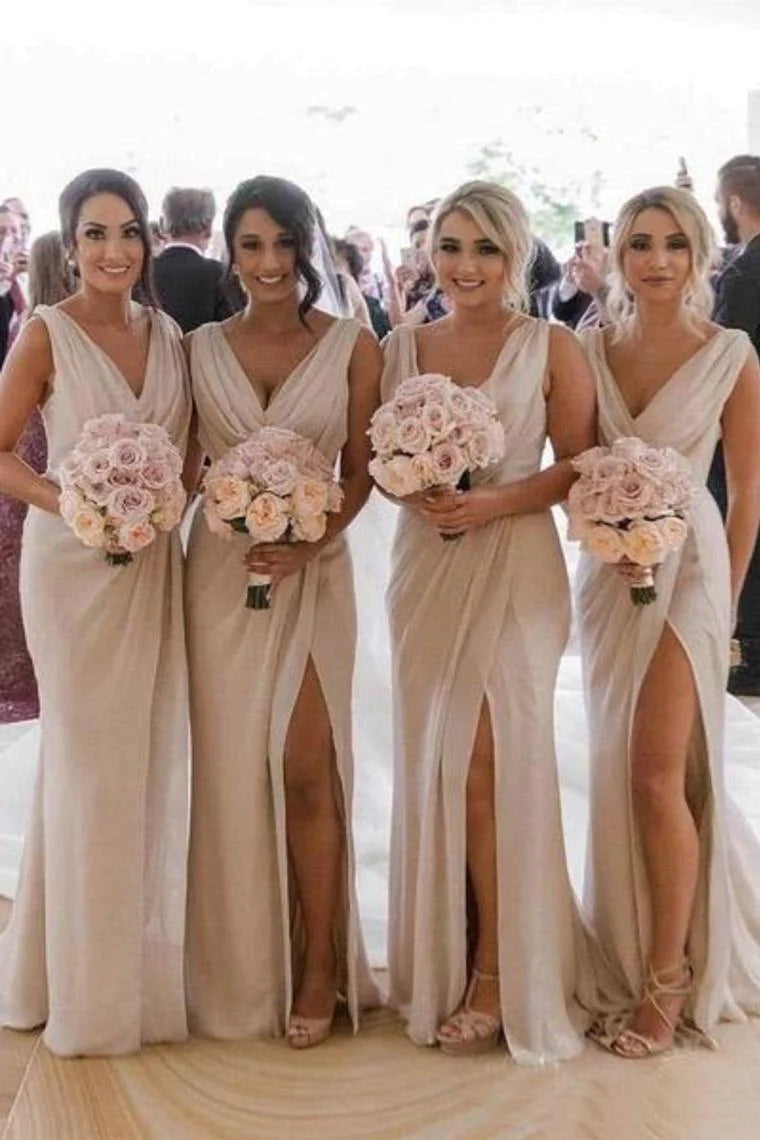 Vestidos de dama de honor largos, plisados, económicos, sin mangas y con escote en V y abertura 