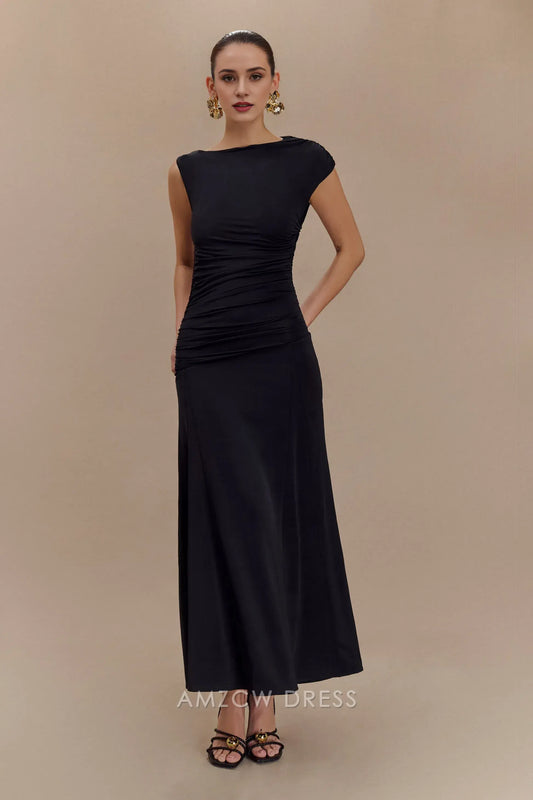 Simple A-Line Asymmetrical neckline sleeveless Midi-length skirt with flared hem prom dress