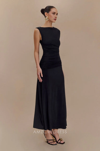 Simple A-Line Asymmetrical neckline sleeveless Midi-length skirt with flared hem prom dress
