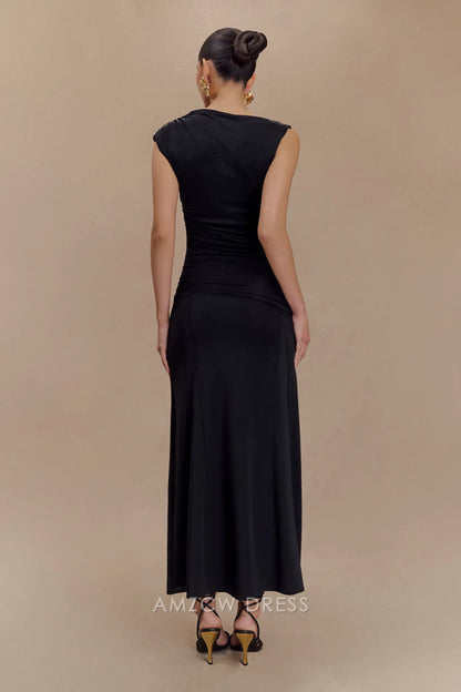 Simple A-Line Asymmetrical neckline sleeveless Midi-length skirt with flared hem prom dress