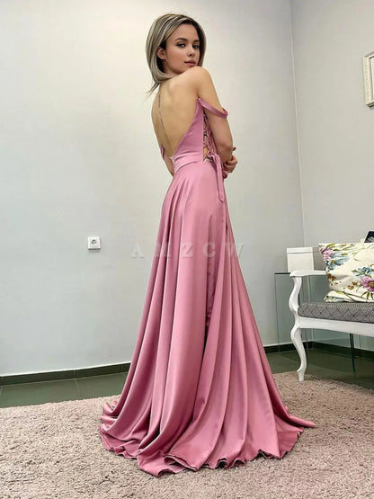 Amzcw Simple A line satin long pink prom dress pink evening dress formal wear dresses