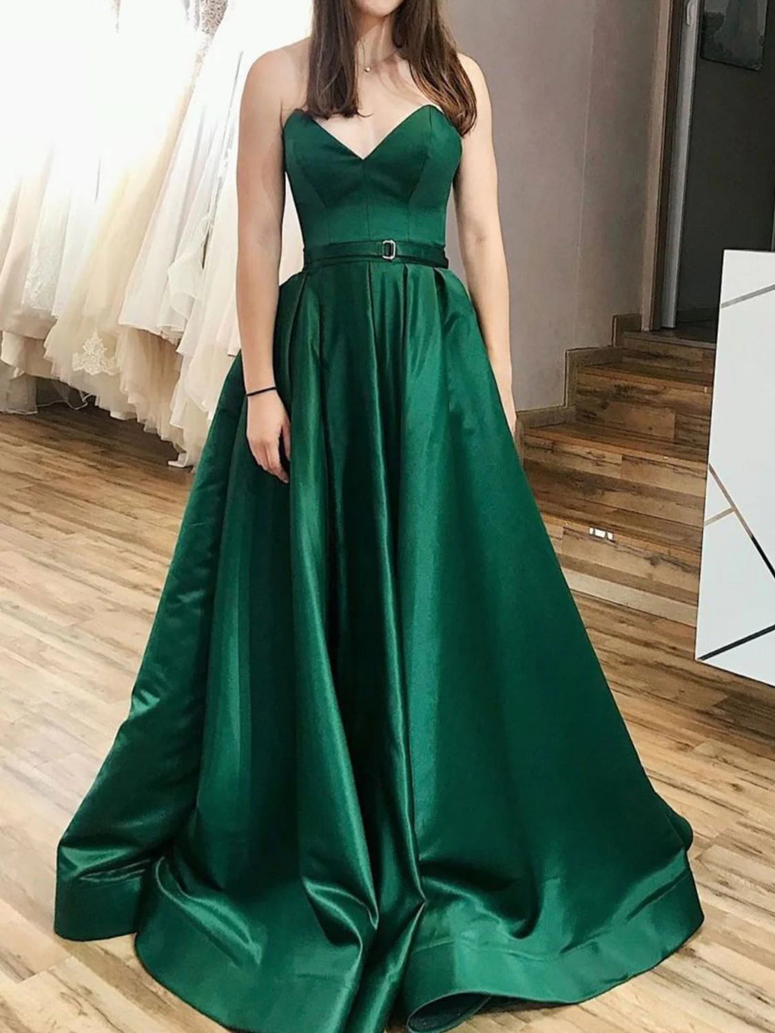 Amzcw Simple A line satin long prom dress satin evening dress formal wear dresses