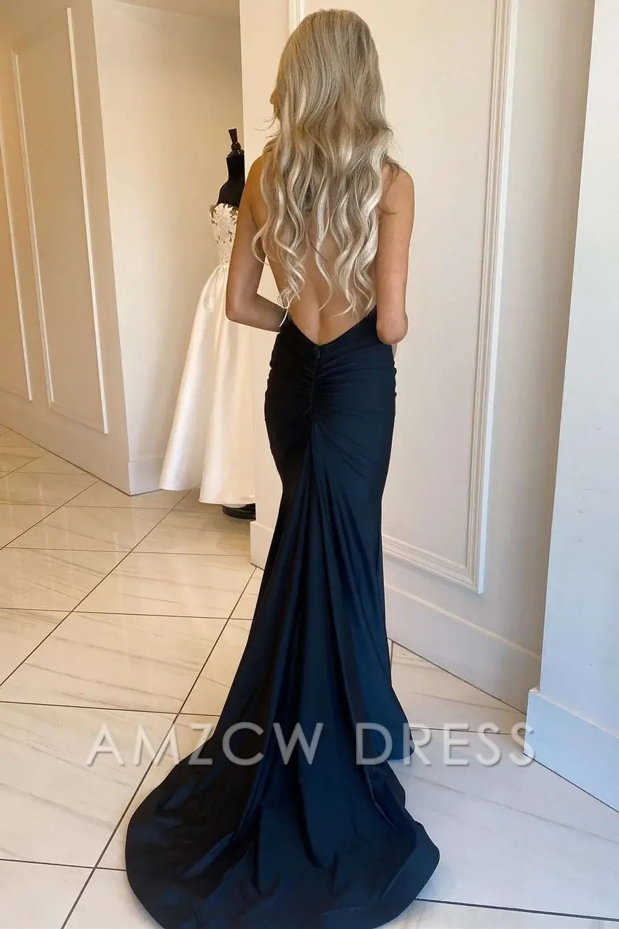 Amzcw Simple Black Halter Backless Mermaid Long Prom Dress formal wear dresses