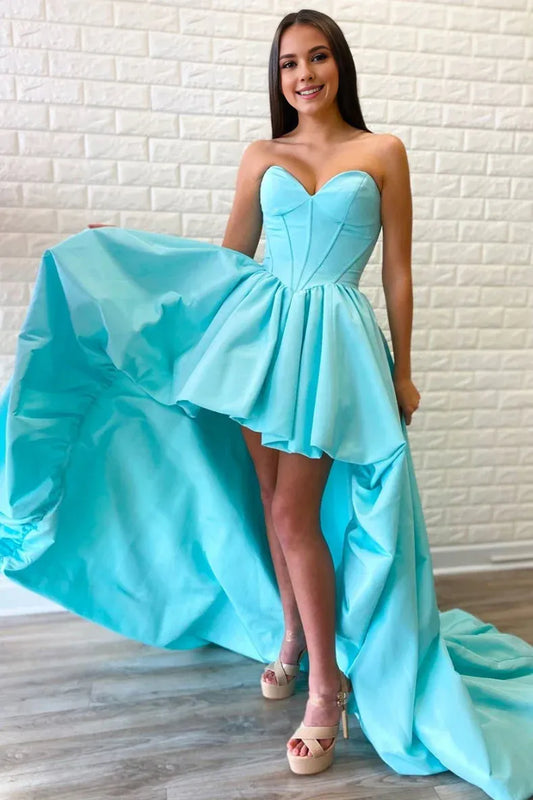 Amzcw Simple Blue sweetheart neck satin high low prom dress blue evening dress New Arrivals
