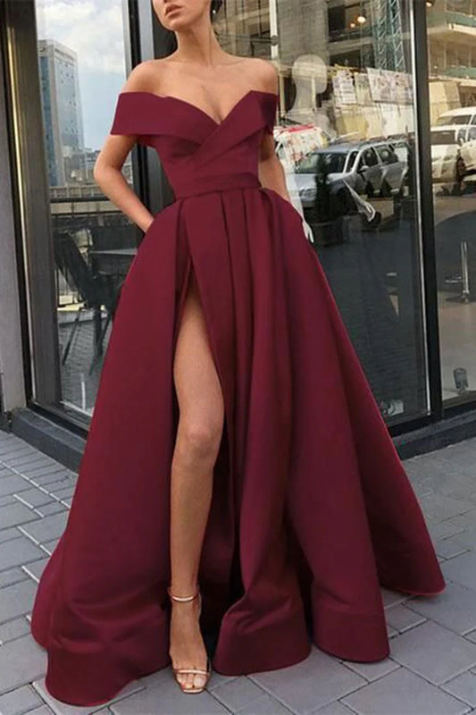 Amzcw Simple Burgundy v neck satin off shoulder long prom dress burgundy evening dress