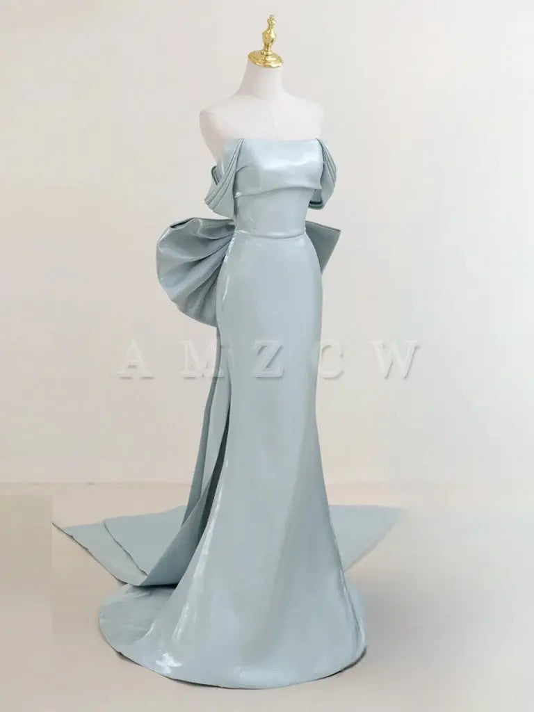 Amzcw Simple Off Shoulder Satin Blue Long Prom Dress Blue Long Formal Dress prom dresses shops