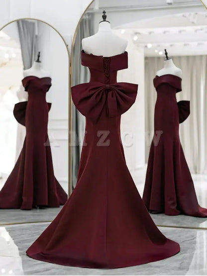 Amzcw Vestidos de fiesta largos de satén burdeos con hombros descubiertos y corte sirena, vestidos de noche largos, tiendas de vestidos de fiesta 