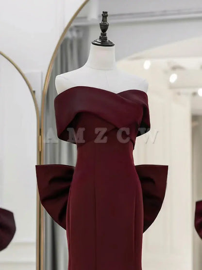Amzcw Vestidos de fiesta largos de satén burdeos con hombros descubiertos y corte sirena, vestidos de noche largos, tiendas de vestidos de fiesta 
