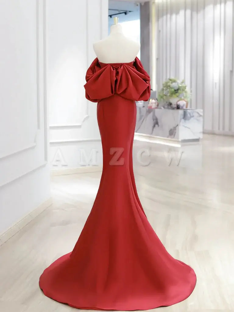 Amzcw Simple Off Shoulder Satin Dark Red Mermaid Long Prom Dress prom dresses shops