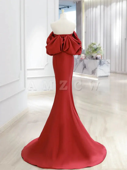 Amzcw Simple Off Shoulder Satin Dark Red Mermaid Long Prom Dress prom dresses shops