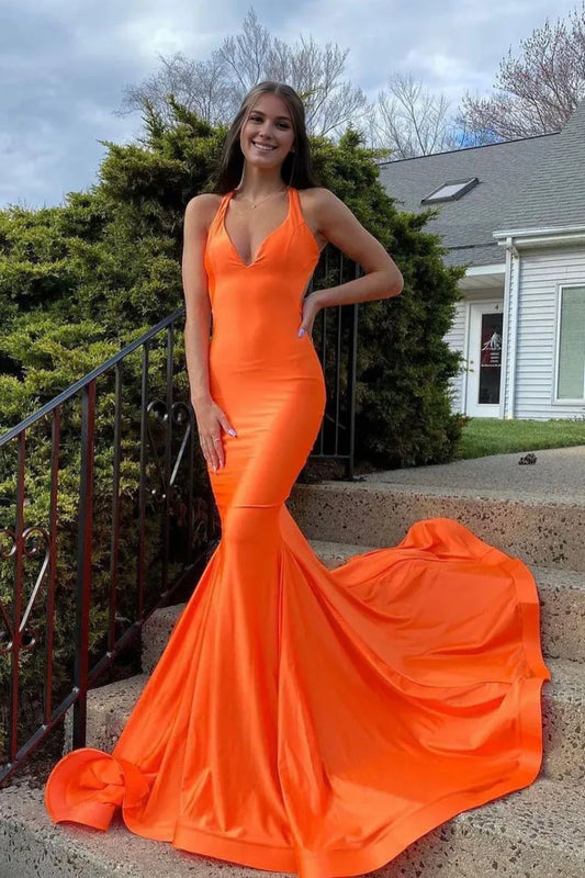 Amzcw Simple Orange satin mermaid long prom dress orange evening dress formal wear dresses